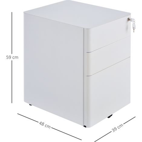 Classeur roulant 3 tiroirs, armoire de bureau en métal blanc, dimensions 39x48x59 cm, rangement pratique avec roulettes pour espace travail. (1/5)