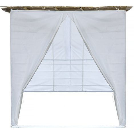 Habitat Et Jardin – Tonnelle modulable Souccah 2 x 2 m – Acier blanc – Tissu Oxford 200G – Rouleau de canisse en bambou fendu 2.1 x 2.1 m – 3 tasseaux bois 3.2 m