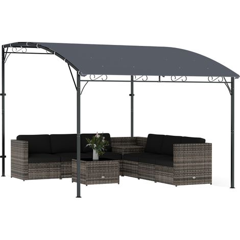 Pavillon adossé de style pergola avec structure et toit en métal, résistant aux intempéries, fixé au mur, auvent, 2,86 x 3,84 x 2,52 m, gris