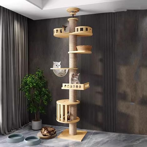 Arbre à Chat du Sol au Plafond, Grand Arbre à avec griffoir de 11 cm de Large, Paniers en rotin, Hamac pour Chat, Entièrement enveloppé de Corde en sisal (240 à 280 cm T03) (1/5)