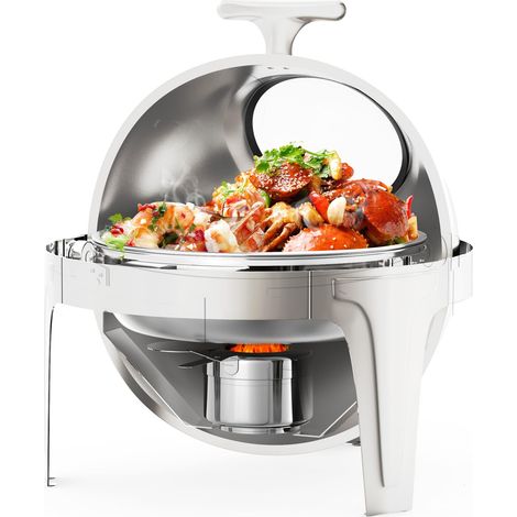 Réchaud à Buffet Rond 6L, Ensemble de Chauffe Inox avec Fenêtre, Plat Pleine Taille Argenté, Idéal pour Plats Buffet, 1PCS