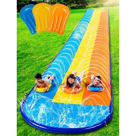 22ft Toboggan Triple avec 3 bodyboards, Toboggan Aquatique pour pelouse avec arroseur extérieur pour Enfants et Adultes