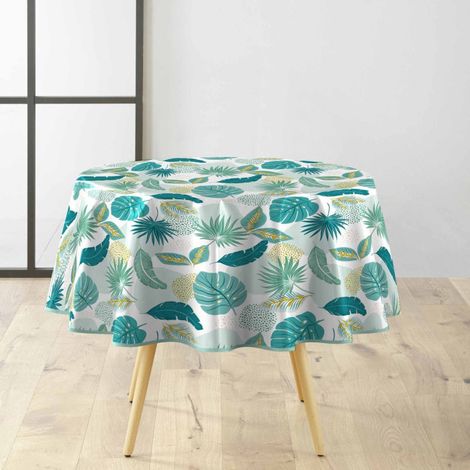 Paris Prix – Nappe ronde cirée imprimée végétale 160cm – Imperméable – Facile à nettoyer – Pour 6 à 8 couverts – Label Oeko-Tex – Bleu (1/3)