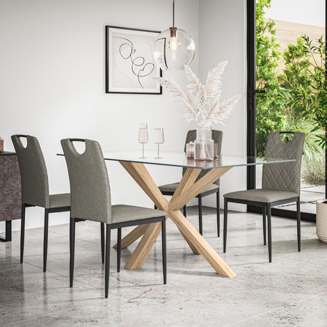 Etta Glass Dining Table And Chairs - Glass Top w Solid Oak Legs + Monza Fabric Dining Chair Set Of 4 (Grey) (1/5)