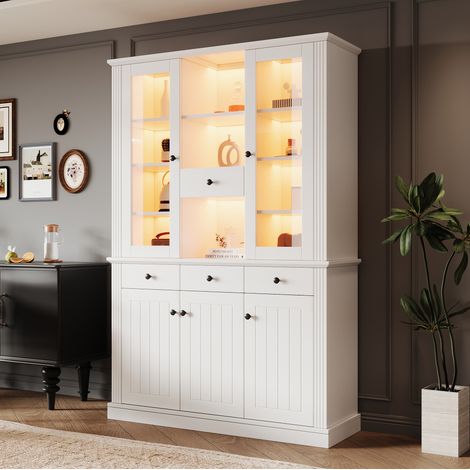 Vitrina 119,5x40x180 cm con LED, 4 cajones, 5 puertas y 21 espacios de almacenamiento, cristal templado y MDF blanco (1/5)