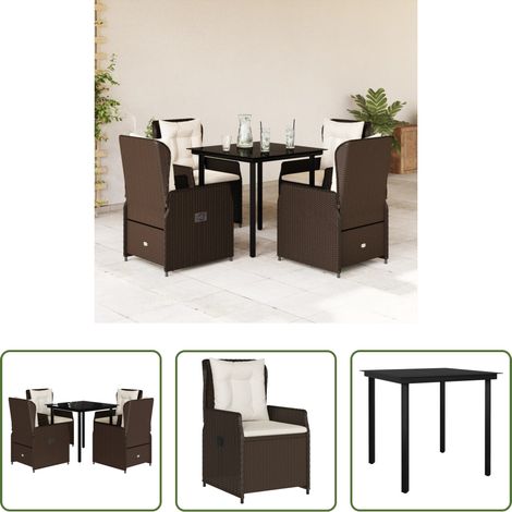 vidaXL Gartentisch - 5-tlg. Garten-Essgruppe mit Kissen Braun Poly Rattan (1/5)