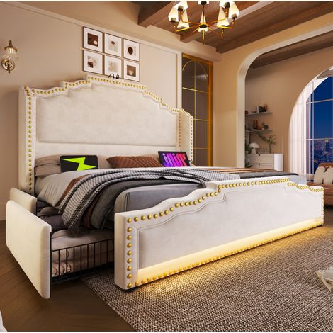 Lit double 160/200 cm beige en velours avec 4 tiroirs, LED et ports USB-C (1/5)