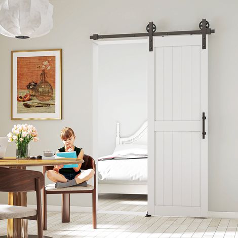 Puerta Corredera de Granero con Herrajes Manija Rodillo y Guía de Suelo Mejorados para Baño Salón 71,5x213,4 cm Blanco (1/5)