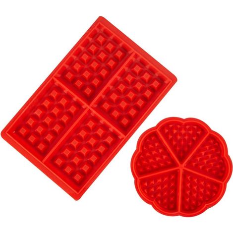 Moules à gaufres lot 2, silicone antiadhésif, cœur et rectangle, rouge (1/5)