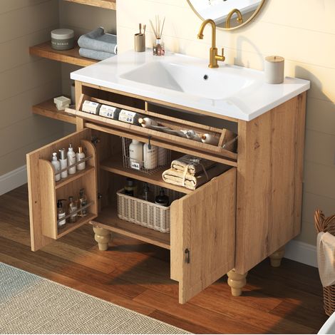 MODFU – Meuble sous vasque 81 cm MDF/céramique – Rangement, portes amorties et vasque – Charge 80 kg – Salle de bains – Bois naturel (1/5)