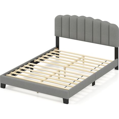 COSTWAY Double Size Bed Frame Linen Upholstered Platform Bed-Grey (1/5)