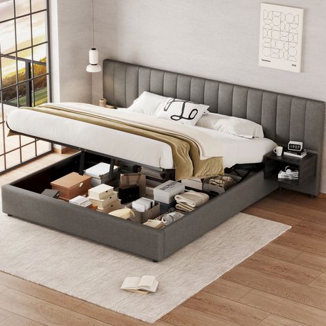 Letto imbottito moderno 180x200 cm in lino grigio con contenitore idraulico, rete a doghe e 2 comodini neri (1/5)