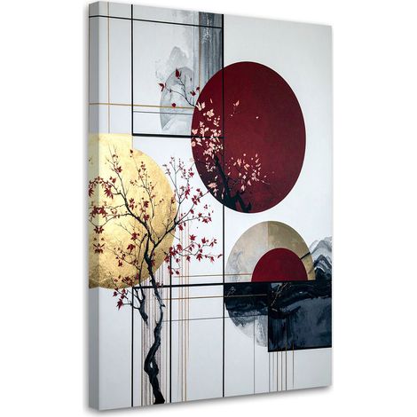 Toile Imprimée, Abstrait en cercles et feuilles bordeaux,20x30 (1/4)