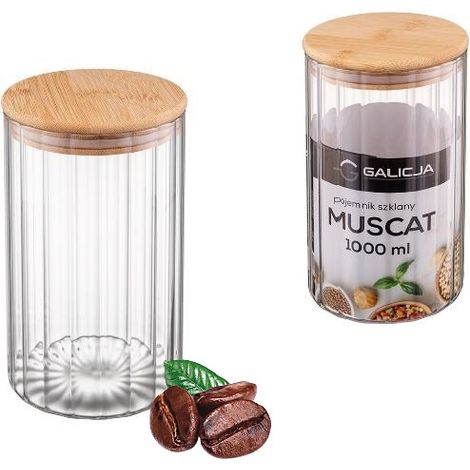Récipient en verre transparent rainuré, couleur muscat, 1000 ml, avec couvercle en bambou, pour café, thé, sucre (1/4)
