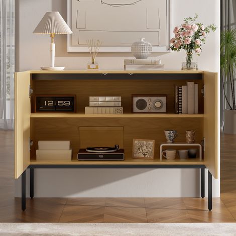 Buffet bas avec 2 portes et pieds en métal, commode design lignes arquées, style minimaliste moderne, couleur naturelle, dimensions : L 100 cm / H 75 cm / P 40 cm (1/5)
