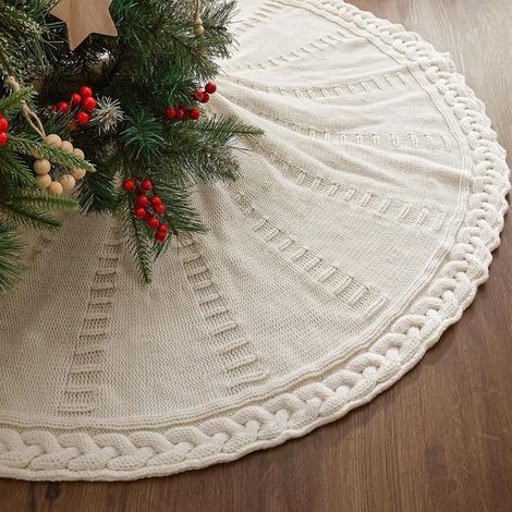 Tapis de sapin de Noël 122 cm (48 po) - Tapis de sapin de Noël tressé à torsades - Pour un sapin de 2,3 m (7,5 pi) - Tapis de sapin de Noël blanc crème - Tapis de sapin de Noël vintage... (1/5)