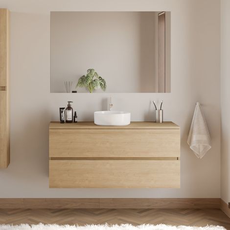 Meuble de salle de bain 120cm avec plateau et vasque à poser ronde - 2 tiroirs - nebraska (chêne clair) - IDA (1/5)