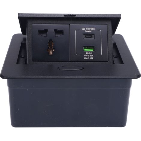 Prise escamotable de table avec 1 prise secteur, 1 port USB-A et 1 port USB-C (PD20W) pour bureau ou école. (1/5)