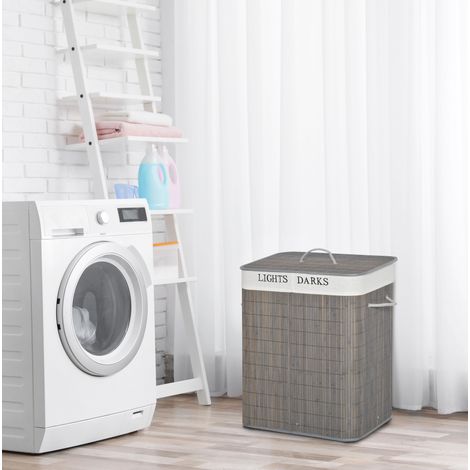 Cesto portabiancheria 100 L in bambù, 2 scomparti, coperchio ribaltabile, grigio DESVIAE (1/5)