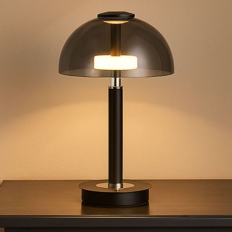 LED Tischleuchte Touch Nachttischleuchte Touchdimmer Tischlampe dimmbar Rauchglas, Metall schwarz, 7W 255Lm warmweiß, DxH 18x31,5 cm (1/5)