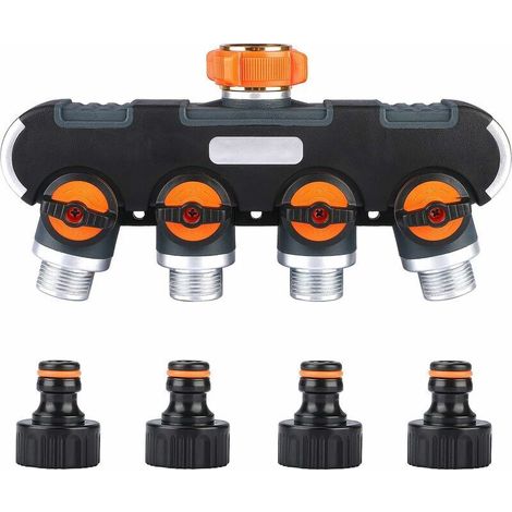 Distributeur 4 Voies, Séparateur de Tuyau, Débit d'eau réglable et Verrouillable Distributeur pour l'irrigation du Jardin Connecteur 3/4'' (1/4)