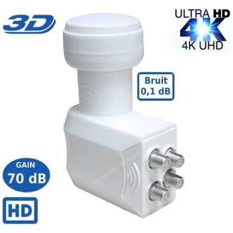 LNB Quad SR-4088, 0.1dB High Gain 70 DB - Tête Parabole Universelle Compatible Full HD 4K TNTSAT Canal+ Astra et FRANSAT