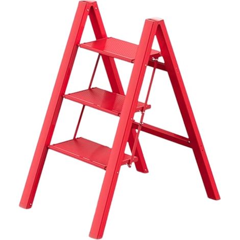 Échelle pliante, 3 marches larges, structure métallique légère, charge maximale 150 kg, pieds antidérapants, rouge (1/5)