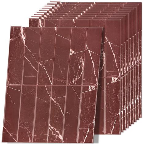 Lot de 10 autocollants 3D pour carrelage de cuisine épais - Autocollants muraux - Détachables - Pour salle de bain, cuisine, décoration murale étanche (rouge bordeaux, 22,9 x 29 cm) (1/5)