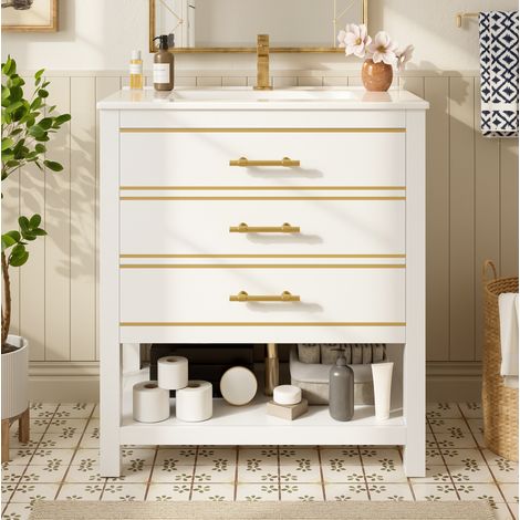 Mueble baño con lavabo cerámico 76 cm blanco OKMYHOME (1/5)