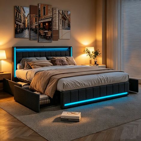 Lit double 160x200cm avec LED et USB, lit coffre avec 4 Tiroirs Rangement, sommier à lattes, tête de lit capitonné, lin gris (1/5)