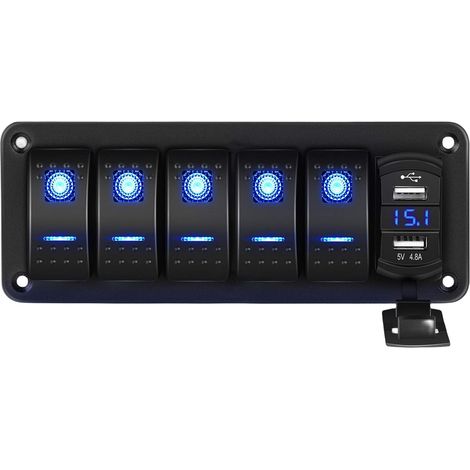 Wippschalterfeld, blaue LED, digitales Voltmeter, Dual-USB-Ladegerät für Fahrzeuge, Boote, Wohnmobile, LKW (schwarz, 5-fach)
