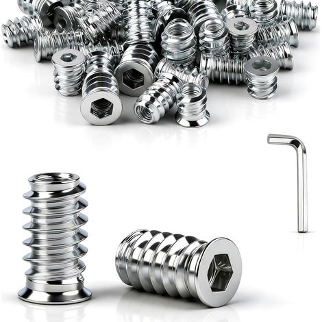45 Pièces Insert Fileté Bois M5 x 12 mm écrous à visser insert bois M5 Manchons à visser M5 galvanisés Avec clé à six pans creux Pour panneaux de fibres, contreplaqué et meubles en bois(silver) (1/5)