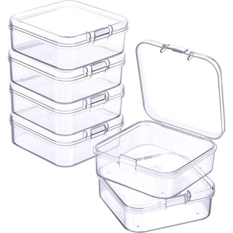 6 piccole scatole portaoggetti in plastica trasparente con coperchio a cerniera, L 5,5 x P 5,5 x H 2 cm. Mini scatole per pillole, perline, gioielli e altro. (1/5)