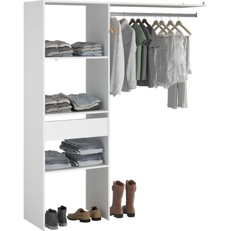 Vestidor Modular Abierto Custom para Dormitorio en Color Blanco Incluye Modulo D con 3 Estantes, 1 Cajón y Barra  160x180 cm