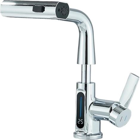 Robinet de cuisine Robinet de lavabo à affichage numérique, robinets de salle de bains à relevage extractible, buse à 3 voies, pulvérisateur à jet de pluie, robinet mitigeur d'eau chaude et froide(Chr (1/5)