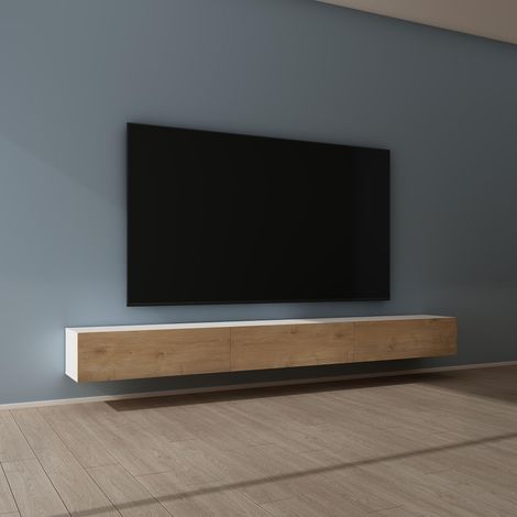 Mai & Mai Fernsehtisch Fernsehschrank TV Schrank Verdeckter Griff mit Soft-Close Lowboard Hängeschrank für Wohnzimmer in Matt Weiß + Kerneiche BTH: 300x40,2x30 cm Fernsehschrank02