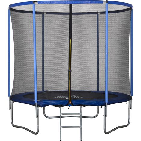 Trampoline d'extérieur, trampoline de jardin pour adultes, avec filet de sécurité et bords rembourrés, adapté aux jeux de jardin et en famille, diamètre 244 cm, hauteur 240 cm, bleu-noir.
