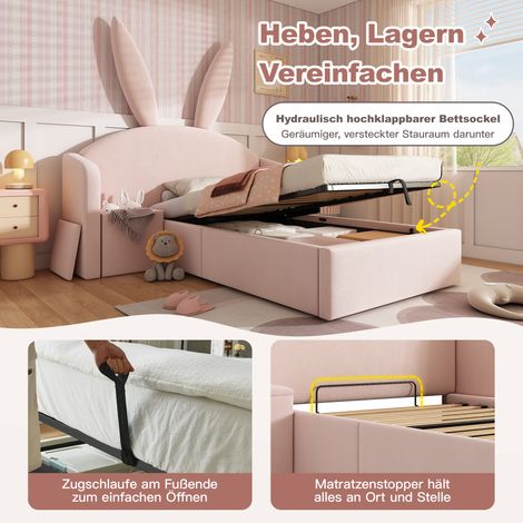 Lit Enfant 90x190 cm Rose, Lit Rembourré avec Rangement & Table de Nuit, Design Oreilles de Lapin, Lit Adolescent en Velours, Lit Fille sans Matelas (1/5)