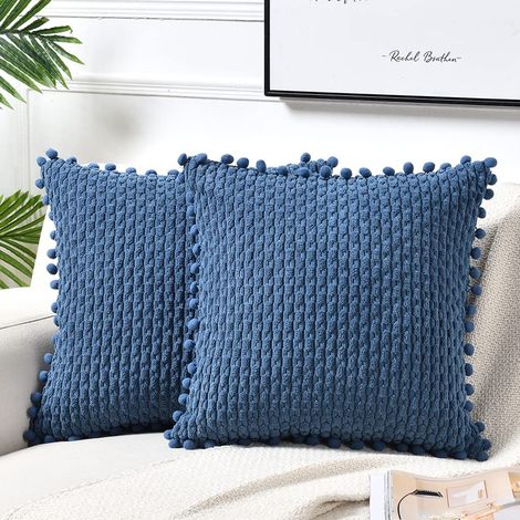 Housse de Coussin en Velours Côtelé Bleu Poussiéreux à Pompons Style Boho, 45x45cm, Décorative pour Canapé et Lit Style Ferme Moderne (1/5)