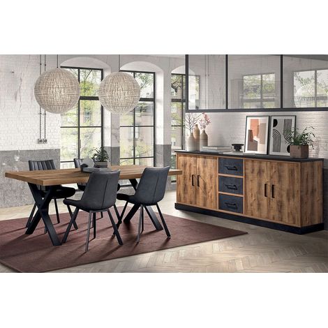 JENNA - Ensemble Table 170cm + Buffet 4 Portes Aspect Bois et Métal (1/4)
