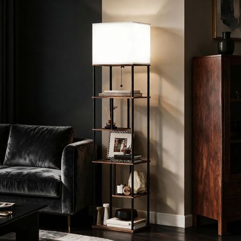 Stehlampe mit Regalen, dimmbar, Fernbedienung, E27, Schwarz und Beige HAVRYA (1/5)