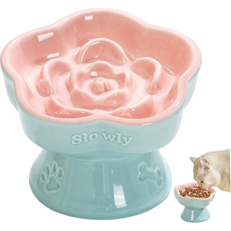 Gamelle Chat Anti-Avalement Surélevée Céramique, Motif Fleur, Slow Feeder Évasé, pour Croquettes et Pâtée,... (1/5)