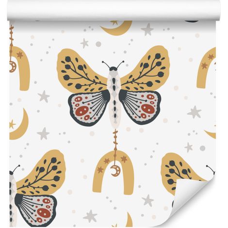 Papier peint bohème arc-en-ciel et papillons, or et crème, pour salon et chambre, 50 x 1000 cm (1/5)