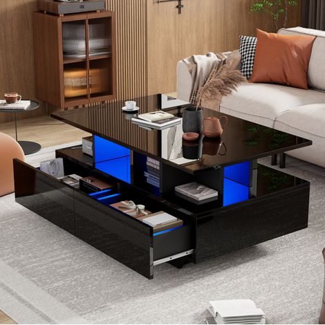 Couchtisch aus Spanplatte in Schwarz Hochglanz 90 cm mit LED und 2 Schubladen (1/5)