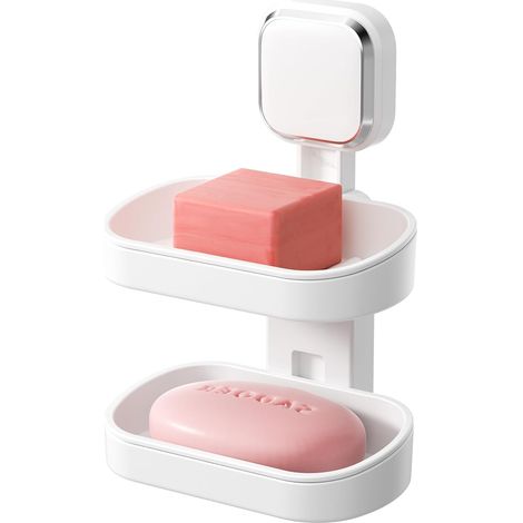 TAILI Porte Savon Double Couche pour Douche, Support de Savon à Ventouse pour Montage Mural, Porte éponge Adapté pour Salle de Bain, Baignoire, évier de Cuisine, Facile à Nettoyer, Blanc (1/5)