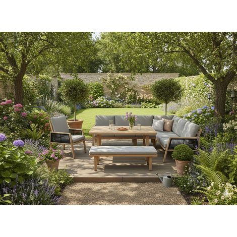 Eck-Gartenmöbelset 8 Sitzplätze aus braunem Aluminium mit Bank und Couchtisch – ALUMA