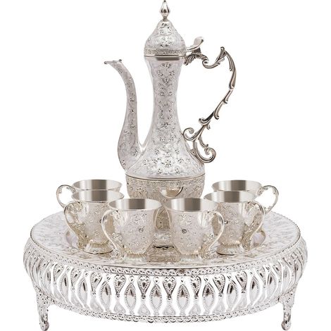 Service à thé, théière et six tasses à thé, design européen, Argent, Ensemble de huit pièces (1/2)