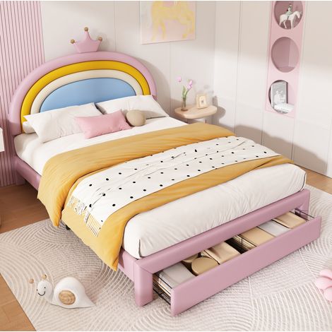 Cama infantil 140/200 cm rosa en PU con cabecero arcoíris regulable y 2 cajones (1/5)