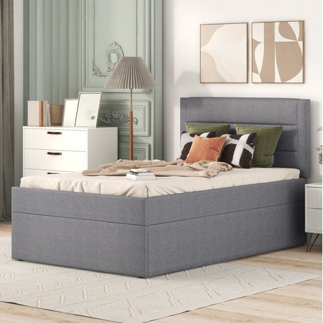 Lit simple rembourré en bois massif et MDF gris 90x200 cm avec sommier à lattes et rangement sous le lit (1/5)