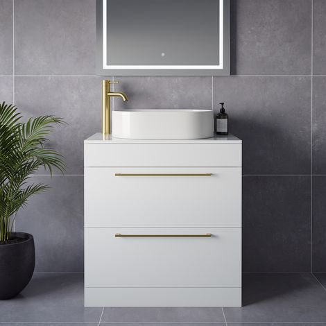 Napoli 460 Gloss White 800mm 2 Drawer Vanity Unit for Countertop Basins - 800mm - Brushed Brass 480mm Handle